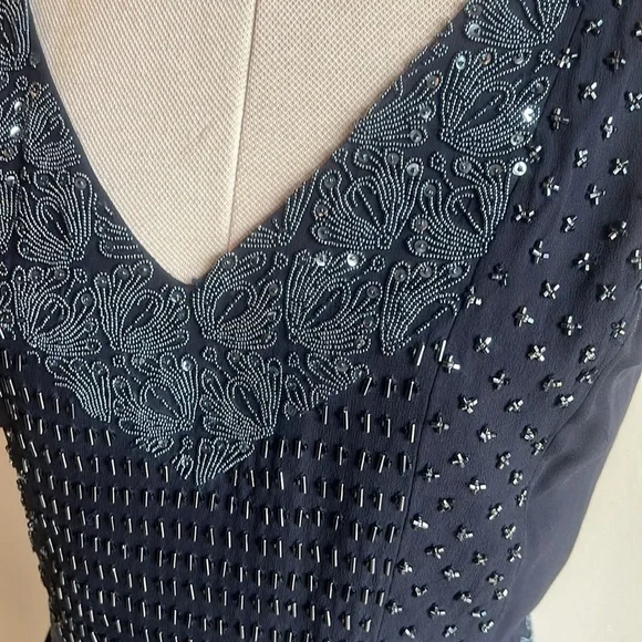 Tory Burch Silk Beaded Sequin Luxe Pleated Cocktail Dress in Navy Size 4 - Picture 4 of 16